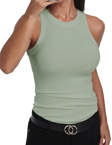 GEMBERA Womens Sleeveless Racerback High Neck Basic Ribbed Knit Fitted Tank Top Sage Green XL | Amazon (US)