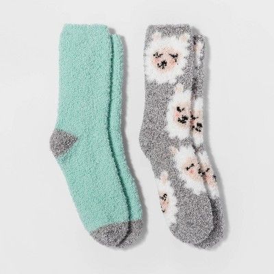 Women's Llama 2pk Cozy Crew Socks - Gray/Mint One Size | Target