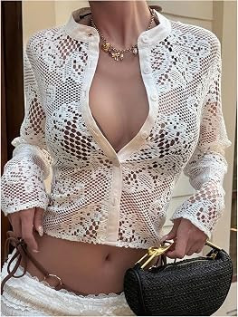OYOANGLE Women's See Through Lace Cardigan Y2k Long Sleeve Button Up Sweater | Amazon (US)