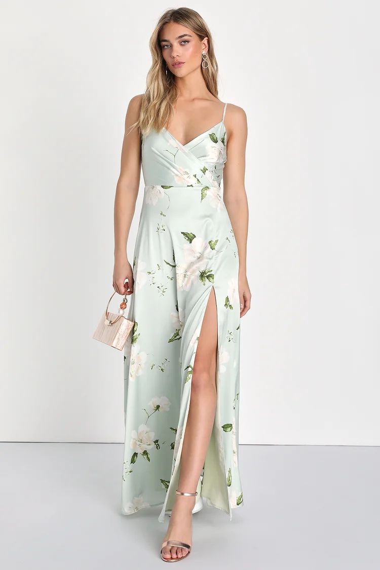 Radiant Occasion Light Green Floral Satin A-Line Maxi Dress | Lulus