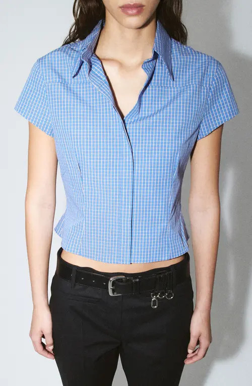 MANGO Featuring Hailey Bieber Gigi Check Print Crop Cotton Shirt in Blue at Nordstrom, Size 4 | Nordstrom