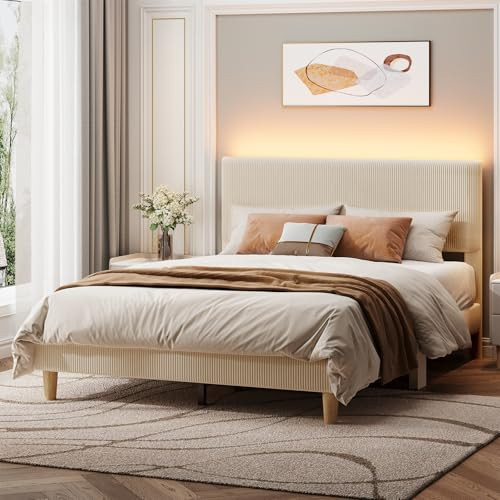 Bestier Bed Frame Queen Size with Headboard,Platform Bed Frame Upholstered with LED Lighting,Solid Wooden Bed Frame Slats Support,No Box Spring Needed, Never Squeaks, Easy Assembly,Beige | Amazon (US)
