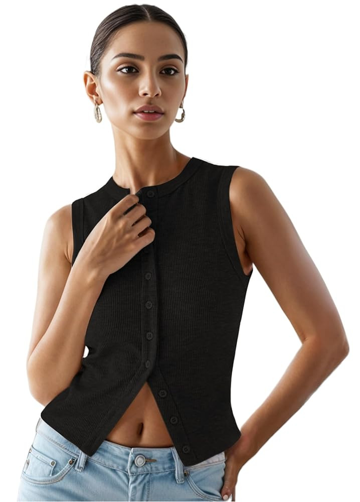Women’s Button Down Tank Tops Ribbed Summer Vest Button Up Open Front Sleeveless Slim Fit Crop ... | Amazon (US)