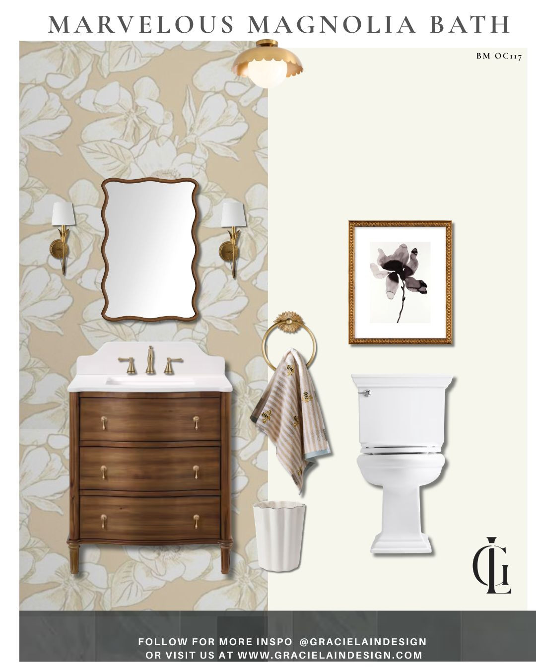 There’s something magical about a powder room that feels like it belongs in the pages of a timeless storybook. 🤍
This marvelous magnolia bath is a perfect balance of whimsy and classic elegance. A breathtaking large-scale neutral magnolia wallpaper creates a soft, romantic backdrop, while the warm wood vanity grounds the space with natural richness. Layer in lustrous brass accents, playful scalloped details, elegant artwork, and thoughtfully chosen linens and accessories, and every detail works together to create a space that feels both collected and inviting.
It's proof that timeless design doesn't have to take itself too seriously. The unexpected details bring personality, while the classic finishes ensure this space will feel beautiful for years to come.
Shop the look, discover the details, and find even more inspiration at gracielaindesign.com.
#LTKHome #BathroomDesign #PowderRoom #MagnoliaWallpaper #ClassicInteriors #WhimsicalDesign #TraditionalWithATwist #ScallopedDecor #BrassAccents #WoodVanity #NeutralHome #LuxuryInteriors #InteriorStyling #HomeDecorInspo #TimelessDesign #DesignerDetails #ElegantHome #InteriorInspiration #GracieLainDesign 

 #LTKHome #LTKSaleAlert
