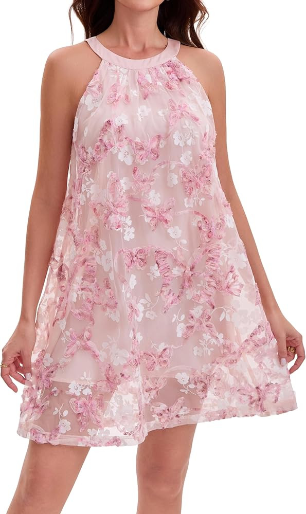 Women's Halter Butterfly Embroidered Tulle Mini Dress A-Line Swing Floral Fairycore Party Wedding... | Amazon (US)