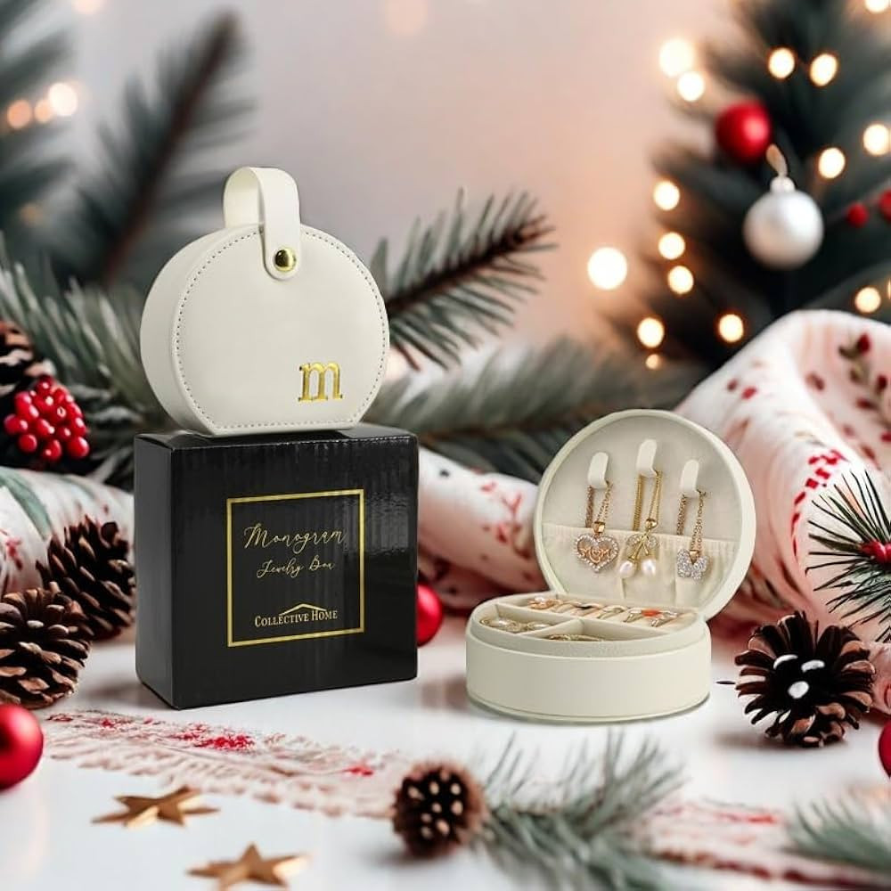 COLLECTIVE HOME - Travel Jewelry Case, Elegant Half-Moon Design with Gold Monogram, Detachable Ha... | Amazon (US)
