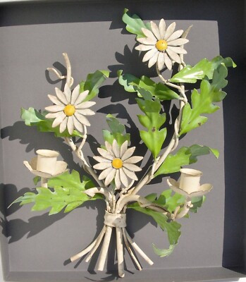 Vintage Floral Tole Candle Holder Wall Sconce Enamel Daisies & Leaves MCM Italy | eBay US