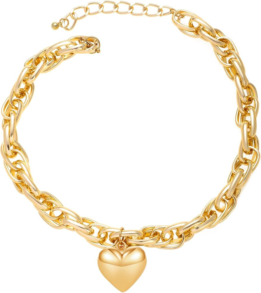 Chunky Puffy Heart Choker Necklace for Women Y2k Heart Gold Pendant Necklace Jewelry | Amazon (US)