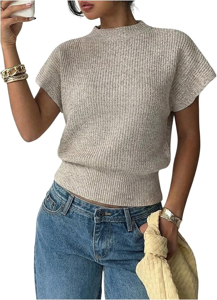 OYOANGLE Women's Short Sleeve Sweaters Mock Neck Dressy Pullover Knit Tops | Amazon (US)