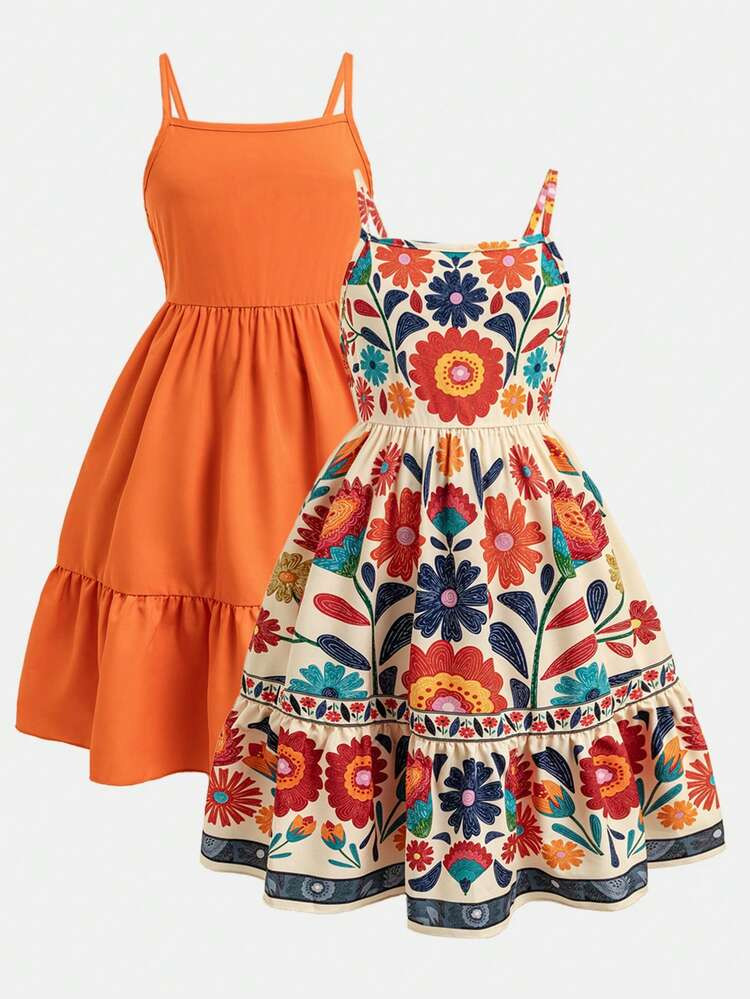 SHEIN Sparklyn 2 estilos de vestido de tirantes para ni\u00f1as preadolescentes, ajuste ce\u00f1i... | SHEIN