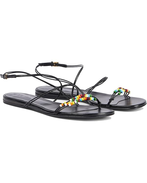 Strappy Flat Sandals for Women Round Open Toe Beaded Ankle Buckle Strap Flats Casual Summer Beach... | Amazon (US)