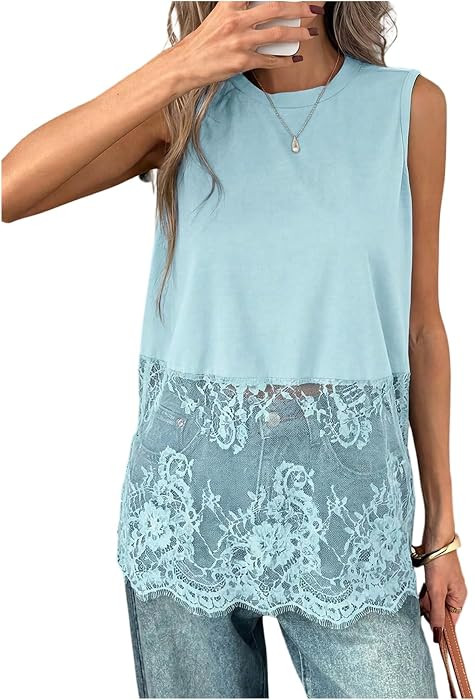 Floerns Women's Lace Tank Tops Patchwork Crewneck Sleeveless Summer Going Out Tops | Amazon (US)