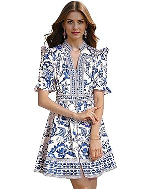 LAI MENG FIVE CATS Women's Button Up Short Puff Sleeve V-Neck Floral Print Split Casual Mini Dres... | Amazon (US)