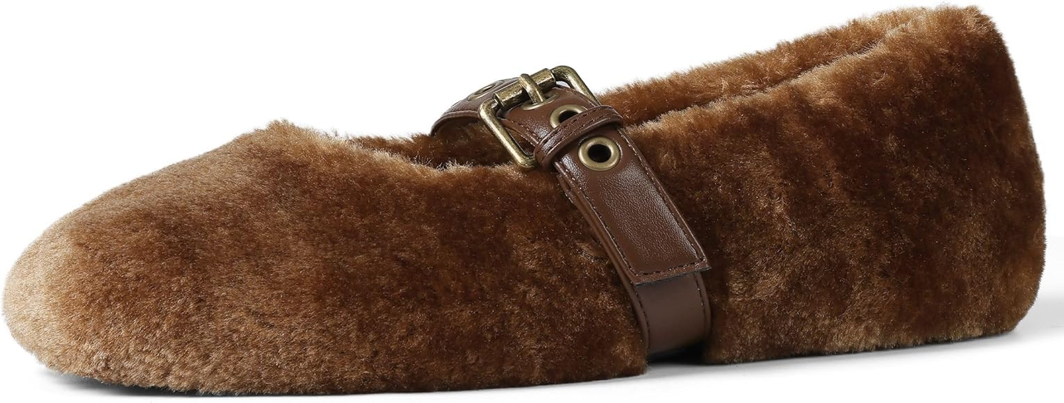 Fur Ballet Flats for Women Buckle Strap Mary Jane Shoes Comfy Ballerina Flats Casual Office Mary ... | Amazon (US)