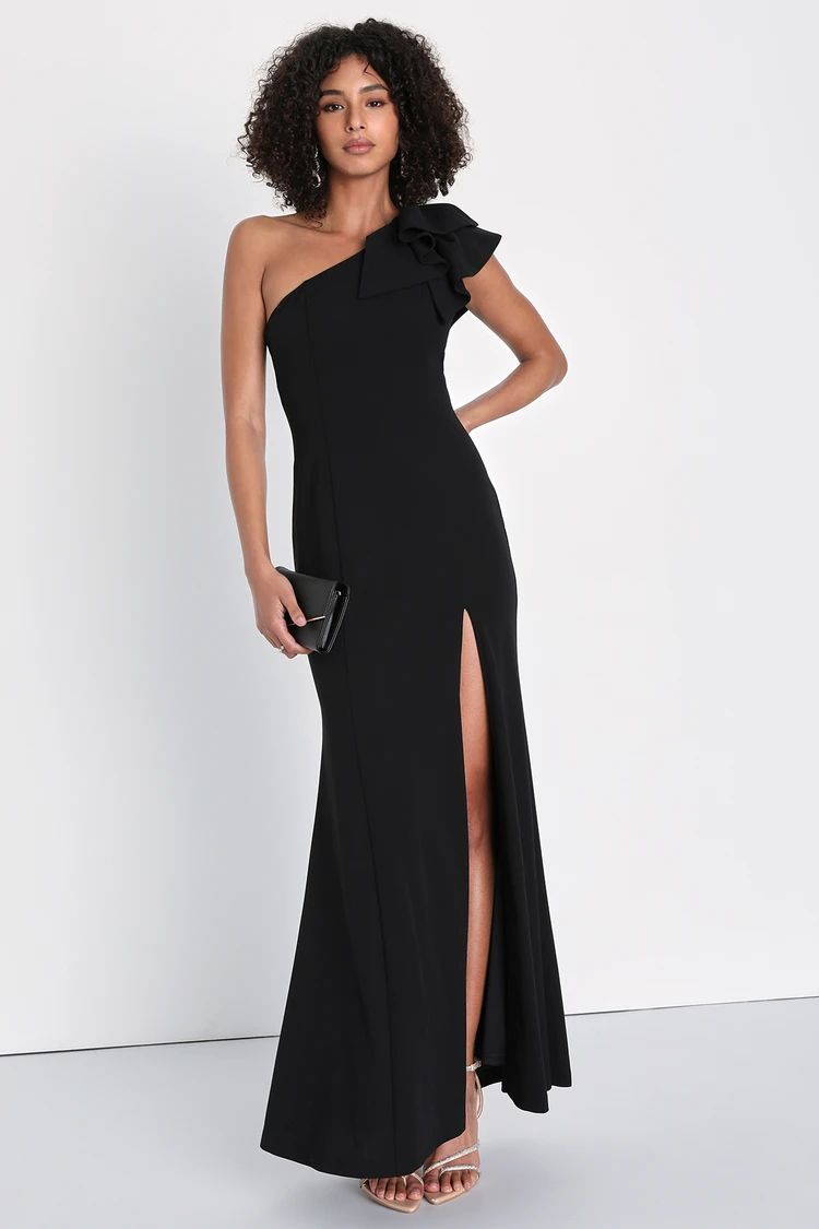 Dramatic Elegance Black Ruffled One-Shoulder Mermaid Maxi Dress | Lulus