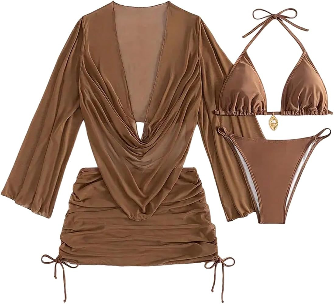 SHENHE Women's 4 Pieces Swimsuit Set Sheer Cover Up Ruched Halter Bikini Swimwear | Amazon (US)