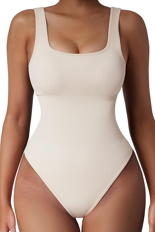 SUUKSESS Women Ribbed Sexy Bodysuit Sleeveless Square Neck Padded Tank Top | Amazon (US)