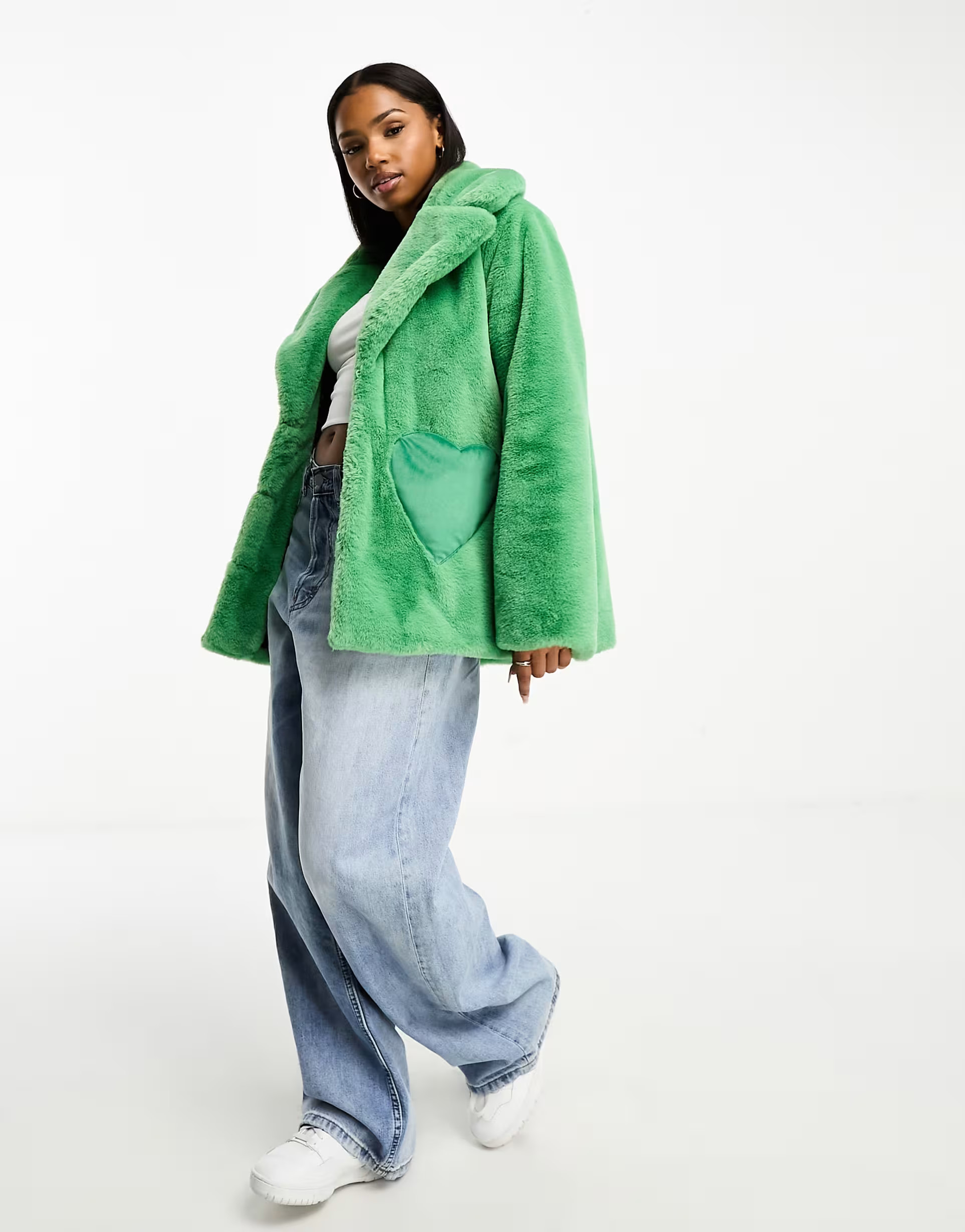 Neon Rose faux fur heart pocket detail coat in green | ASOS (Global)