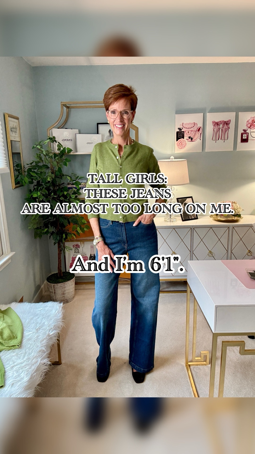 Tall women know why the length of these jeans stopped me in my tracks.

Want the links? Like, Follow & Comment and I’ll send links right to your DM.

I’m 6'1", and finding tall wide-leg jeans that are actually long enough is not something I take for granted. These have the length, the full wide-leg silhouette and the proportions I want — and yes, they’re even long on me.

For this easy fall outfit, I paired the medium-wash wide-leg jeans with an olive green cardigan and brown suede block-heel Mary Janes. It’s the kind of timeless, classic everyday style I wear constantly: simple pieces, rich fall color and just enough interest without making the outfit complicated.

And can we talk about this GREEN? Brown, burgundy and chocolate are everywhere for fall, but this olive/mossy green deserves some attention too.

Tall friends: what’s harder for you to find — jeans that are long enough or sleeves that are long enough?

Save this for an easy fall jeans outfit, send it to a tall friend who is forever searching for longer inseams, and follow for more tall women’s fashion, classic style for women over 40 and wearable everyday outfit ideas.

#TallWomenStyle #FallOutfitIdeas #Over40Style

#LTKootd #LTKOver40 #LTKTall