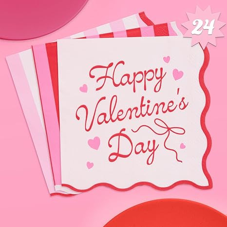 xo, Fetti Happy Valentine's Day Napkins - 3-ply, 24 pcs | Wavy Vday Cocktail Napkins, Pink Galent... | Amazon (US)