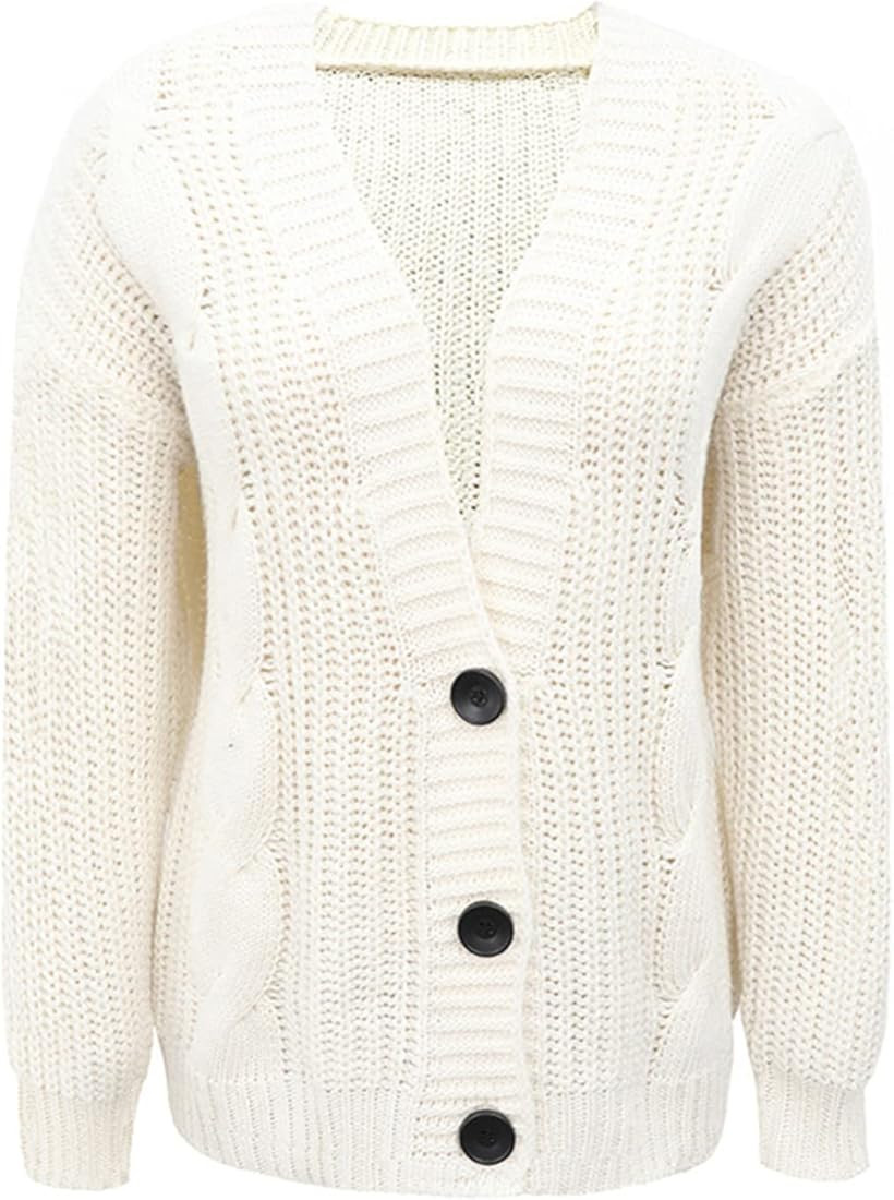 Women's Cable Button Knit Sweater Long Sleeve V-Neck Short Cardigan Sweaters Open Front Button Do... | Amazon (US)