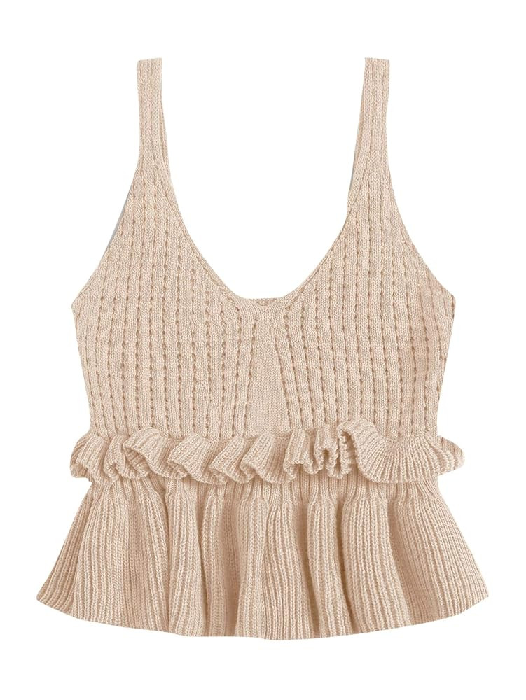 SweatyRocks Women's Casual Spaghetti Strap Ruffle Hem Peplum Cropped Knit Sweater | Amazon (US)