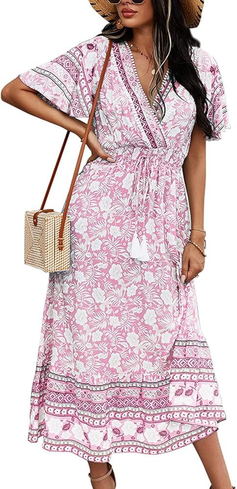 Fleur Wood Women's Summer Bohemian Flowy Floral Print Maxi Dresses Short Sleeves V Neck Beach Party  | Amazon (US)