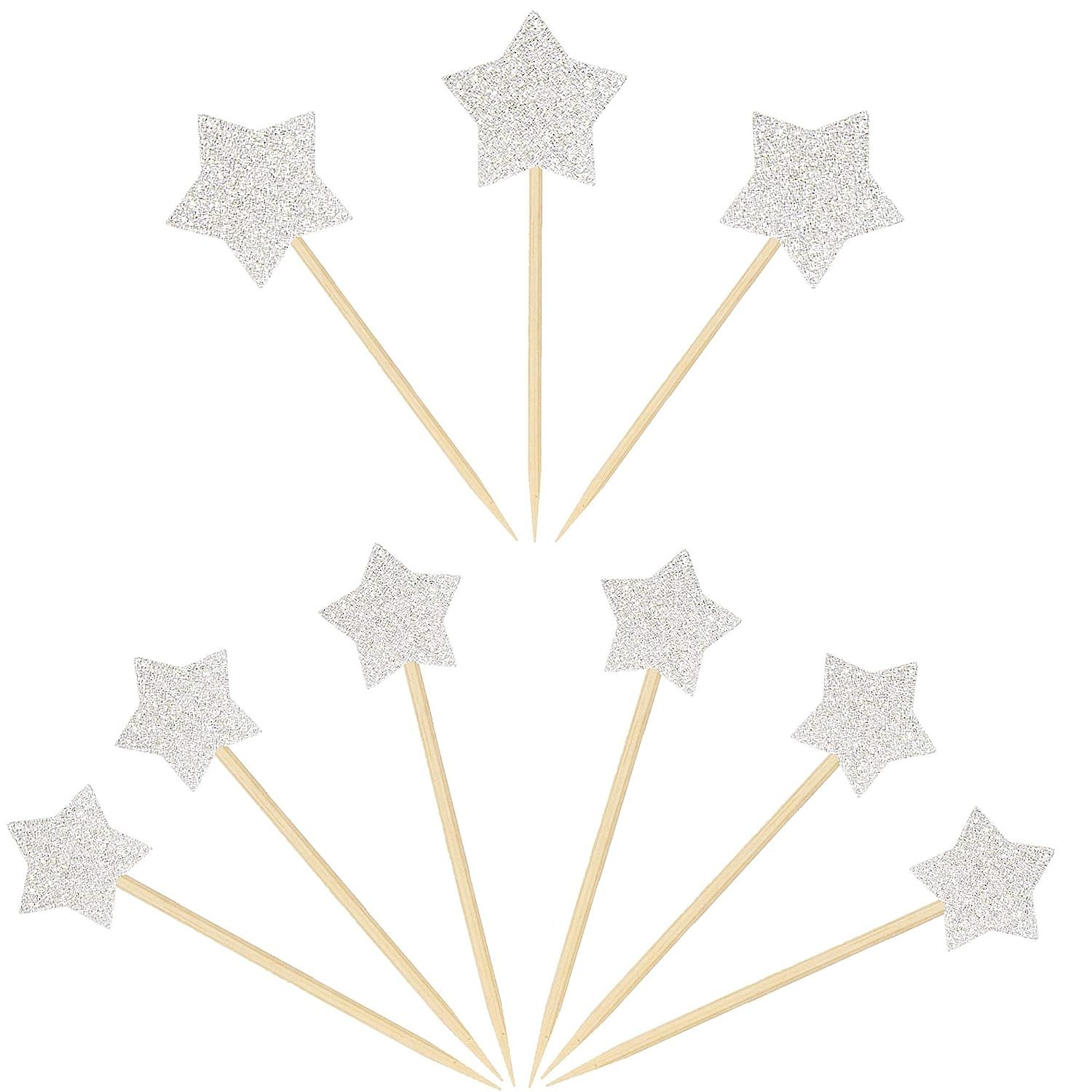 Ercadio 48 Pack Silver Star Cupcake Toppers Glitter Cupcake Picks Decorations for Baby Shower Kid... | Amazon (US)
