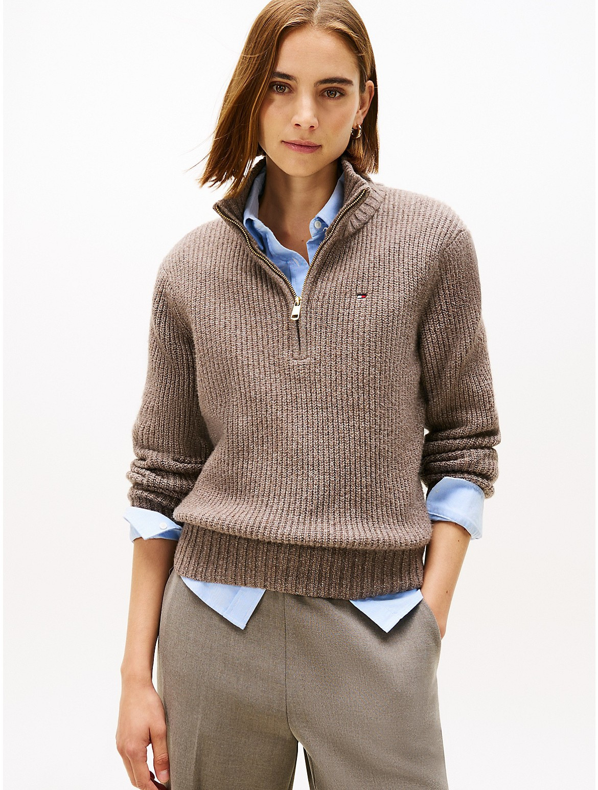 Tommy Hilfiger Women's Quarter-Zip Chunky Knit Sweater - Brown - M | Tommy Hilfiger (US)