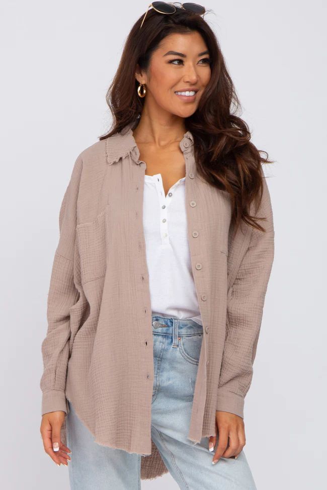 Taupe Crepe Button Up Shirt | PinkBlush Maternity