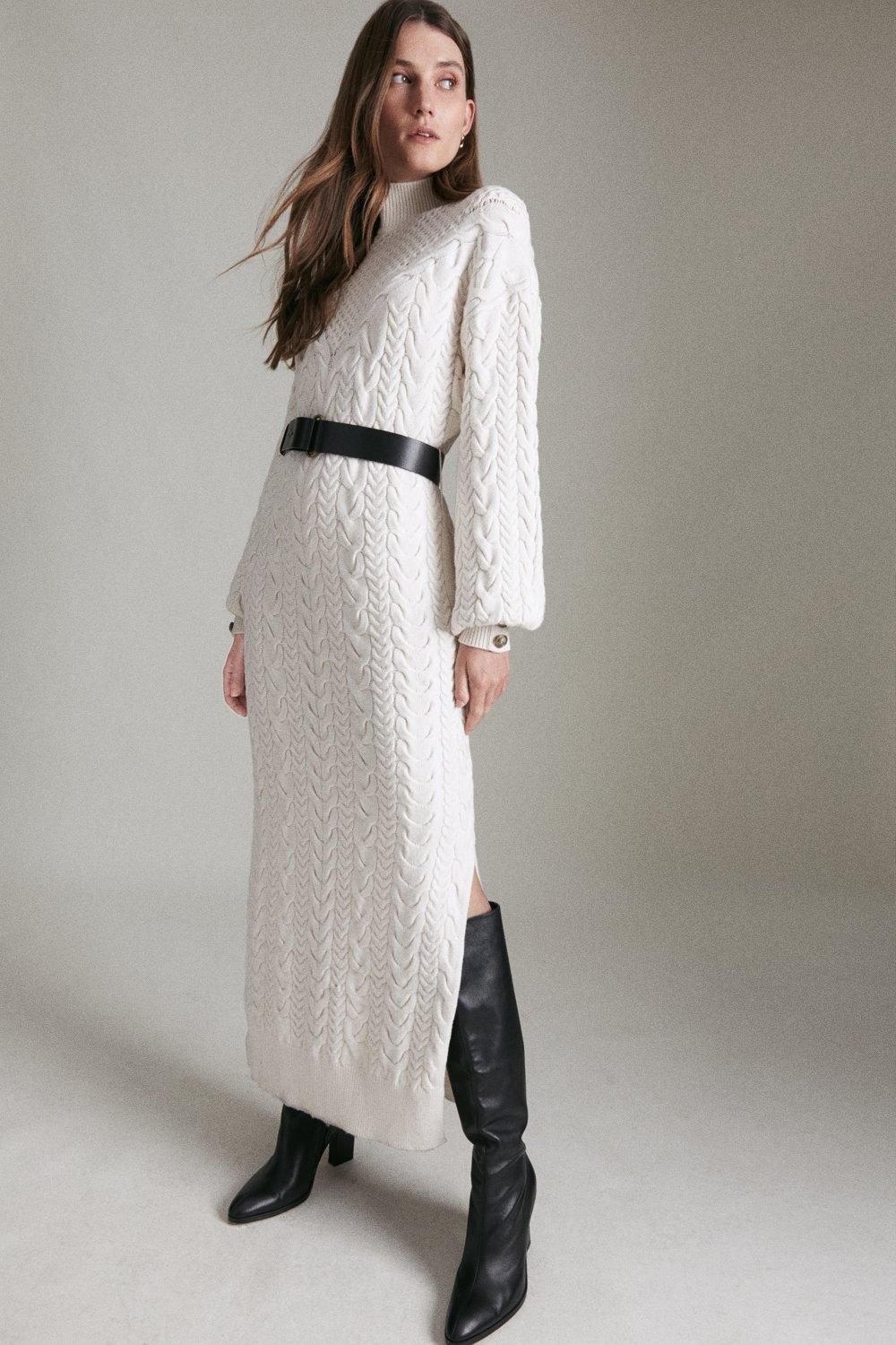 Cable Knit Belted Midi Dress | Karen Millen UK & IE