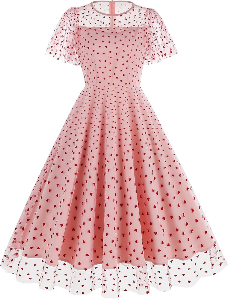 Women Mesh Floral Embroidery Vintage Cocktail Swing Dress Ruffle Sleeve Embroidered Floral Dress ... | Amazon (US)