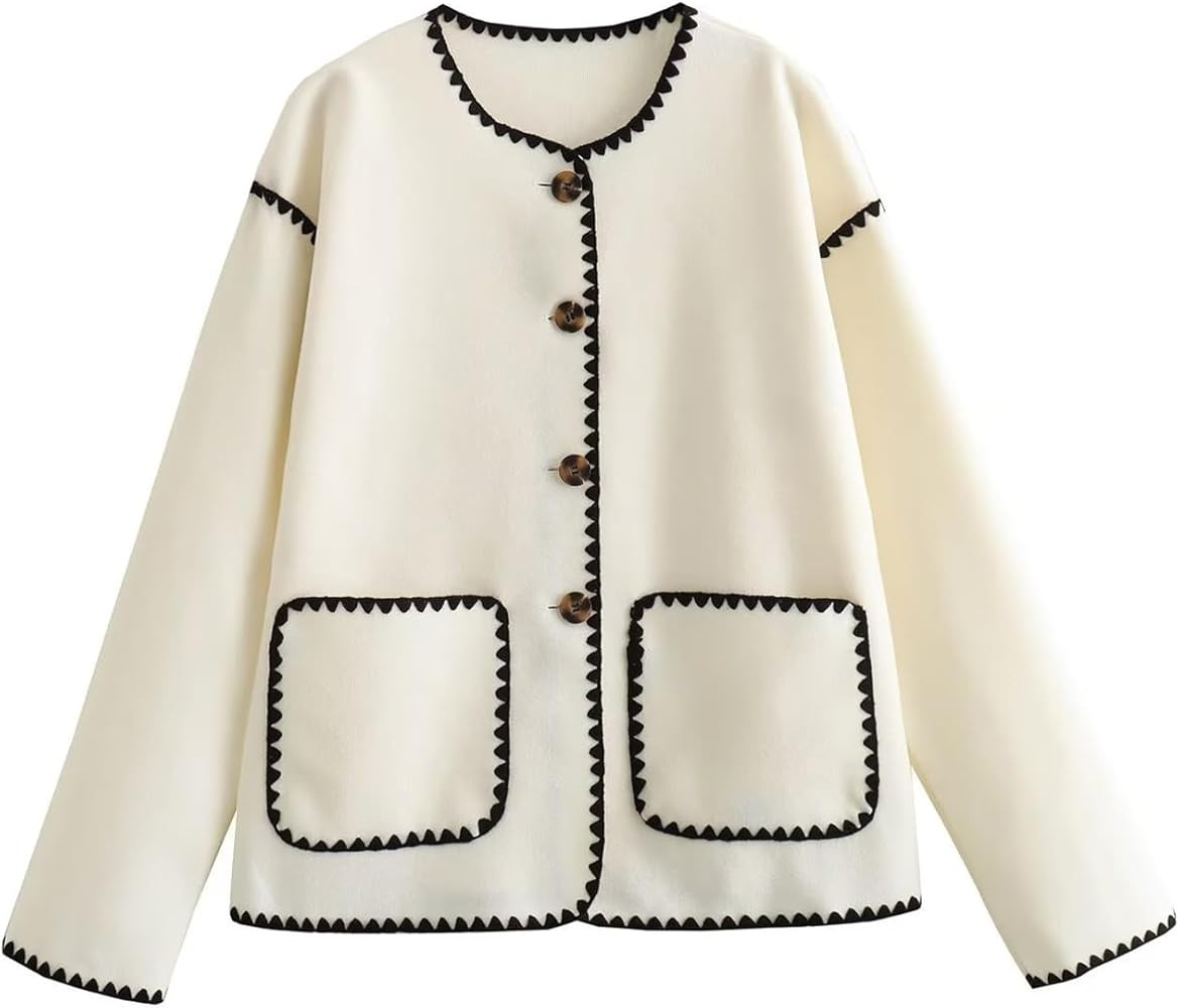 ROJZR Womens Wool Blend Jackets Casual Contrast Color Button Down Wool Coats with Pockets | Amazon (US)