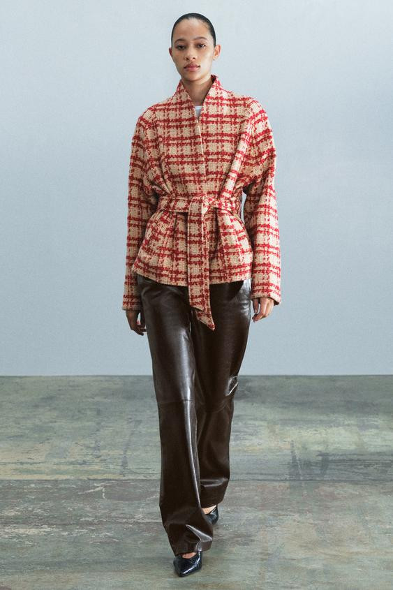 Zara - Zw Collection Belted Wool Jacket - Red / White - Xs - Woman | Zara US