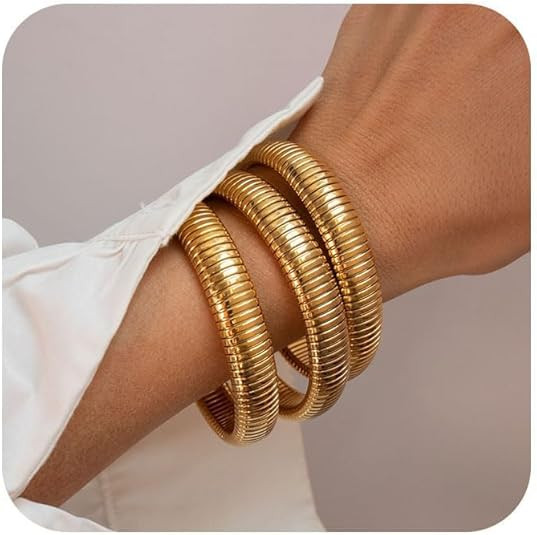 Gold Bangles for Women Set of 3 Chunky Stretch Bangles Bracelets 24K Gold Plated Stainless Steel ... | Amazon (US)