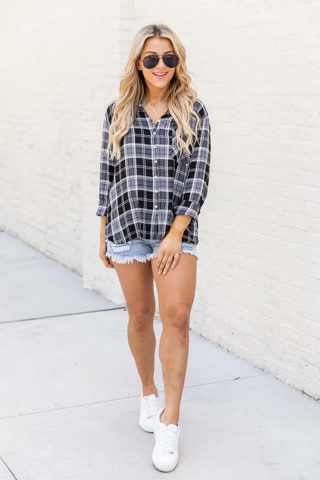 Never Give Up Black Lightweight Plaid Button Up Blouse FINAL SALE | Pink Lily