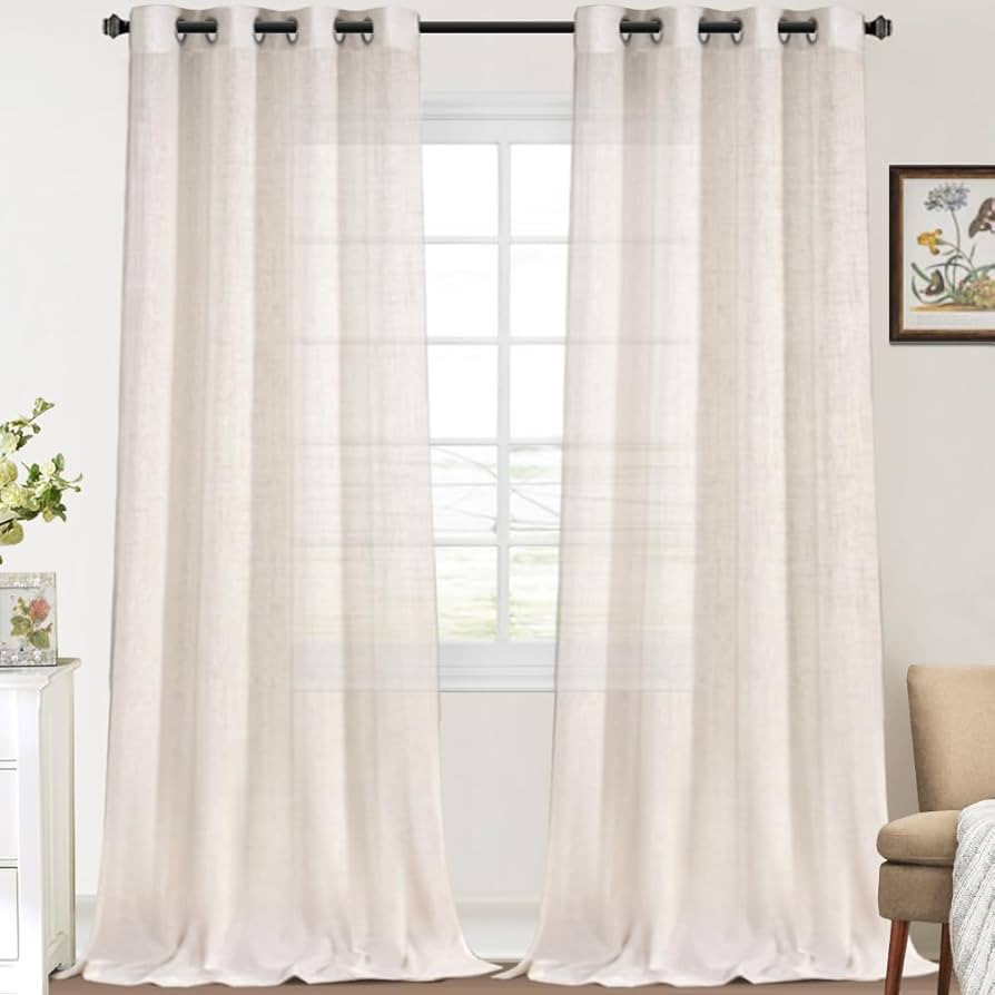 FantasDecor Linen Sheer Curtains 96 inch Length 2 Panels Set Light Filtering Privacy Drapes Gromm... | Amazon (US)
