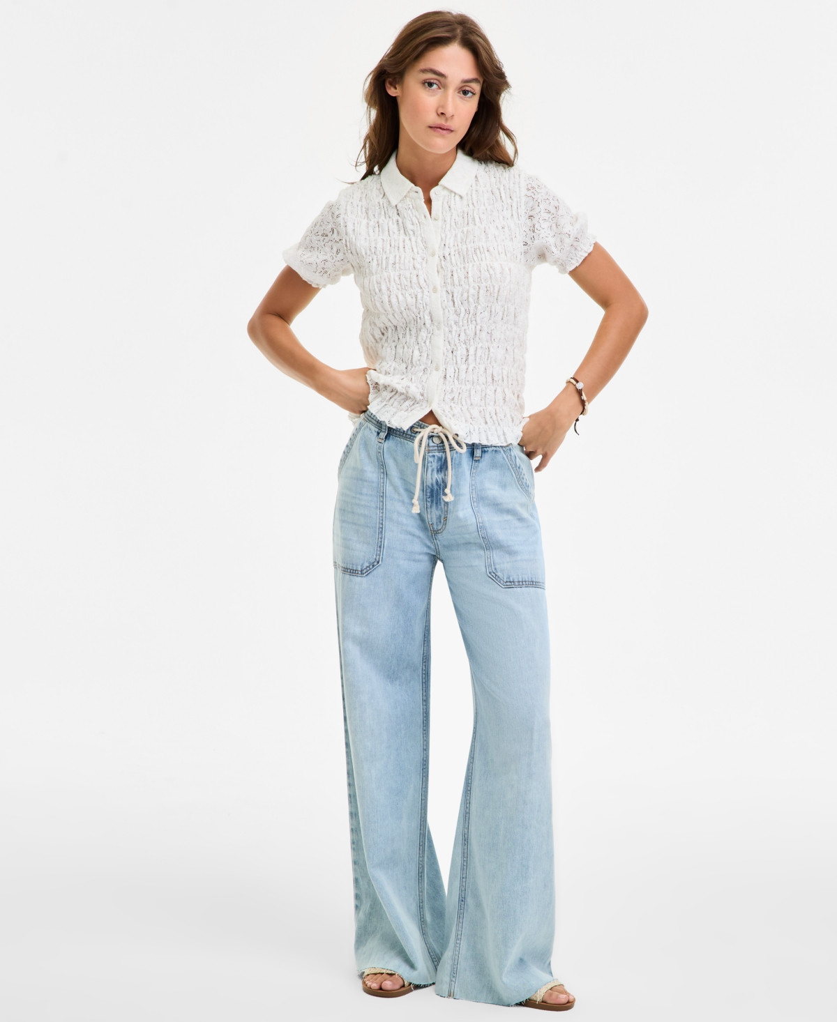 Lucky Brand Women's Patch Pocket Drawstring-Waist Wide-Leg Jeans - Strike Out | Macy's