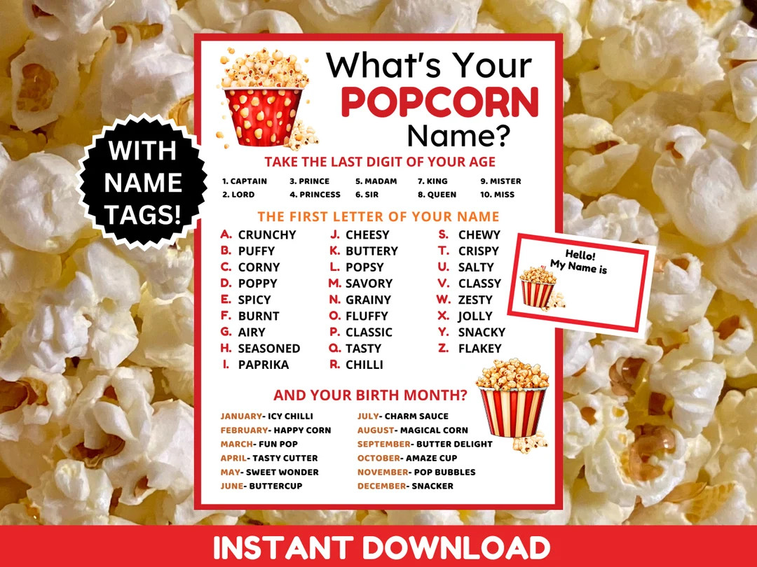 What's Your Popcorn Name Game With Name Tags + Popcorn Name Sign, Popcorn Day, Popcorn Party Game... | Etsy (US)