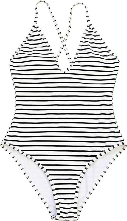 CUPSHE Women's One Piece Swimsuit Striped Scoop Neck Cross Back Beach Swimwear Bathing Suits | Amazon (US)