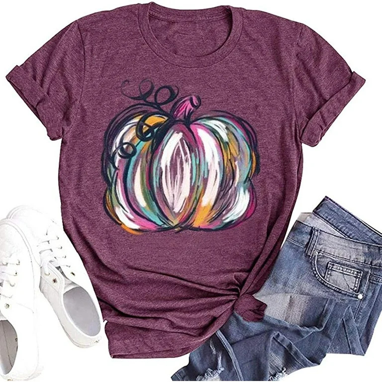 Womens Funny Leopard Pumpkin Shirts Short Sleeve Halloween Thanksgiving Fall T-Shirts Graphic Tee... | Walmart (US)