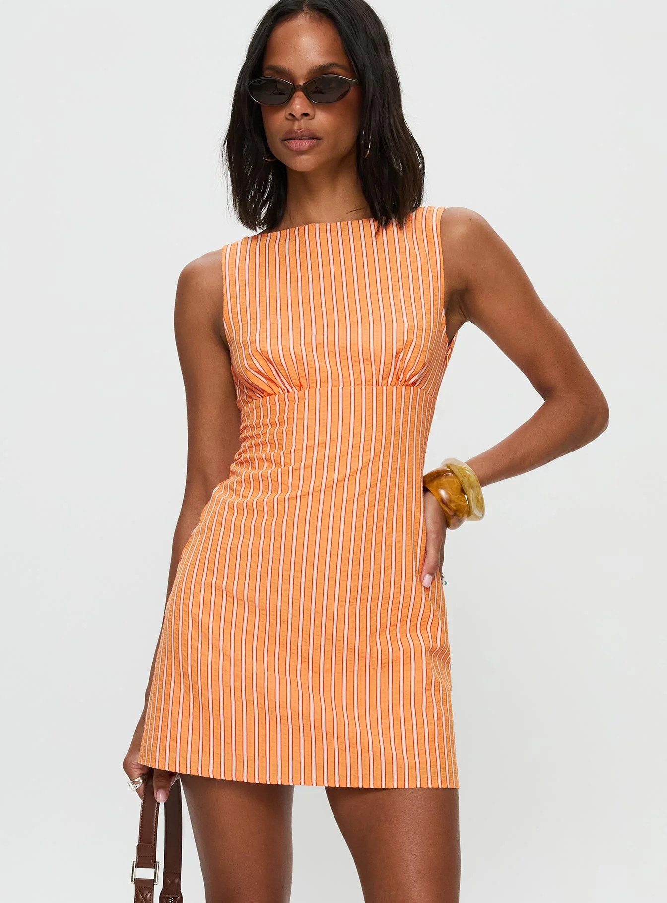 Ellesandra Boat Neck Mini Dress Orange Stripe | Princess Polly US