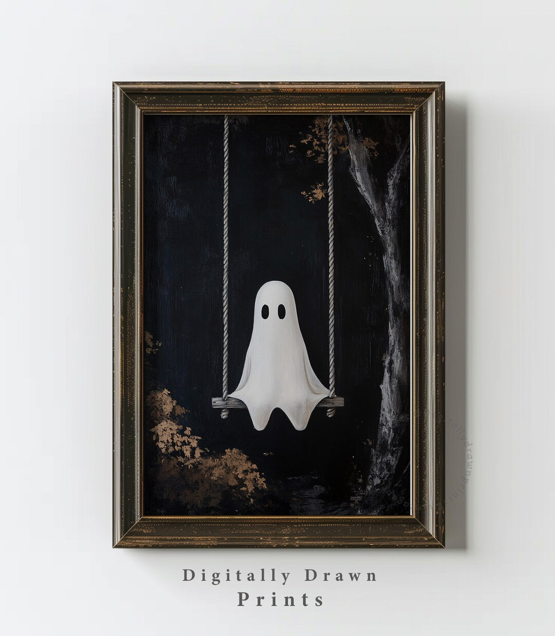 Ghost on Swing Printable Wall Art, Spooky Dark Halloween Wall Decor, Cute Ghost Painting, Moody D... | Etsy (US)