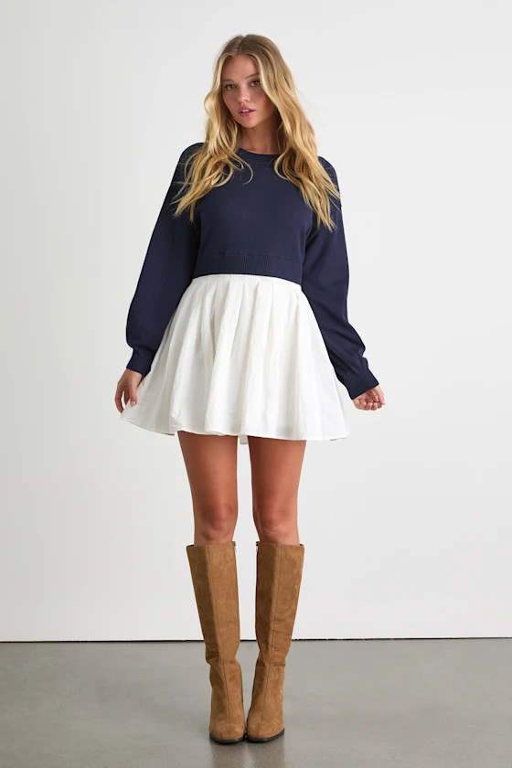 Contemporary Comfort Navy Layered Pleated Sweater Mini Dress | Lulus