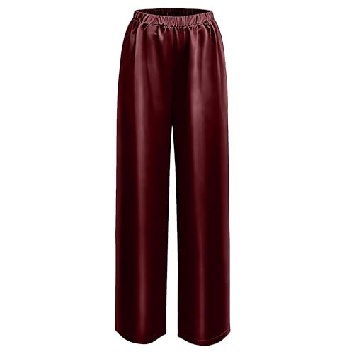 WANLUOSUX Silk Pants for Women Casual Elastic High Waisted Wide Leg Womens Satin Pants Wine Red M | Amazon (US)