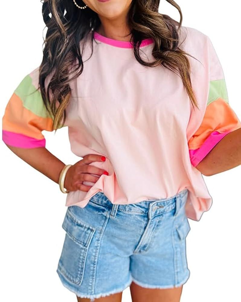 Women Oversized Color Block T-Shirt Casual Loose Crewneck Short Sleeve Drop Shoulder Patchwork Sh... | Amazon (US)