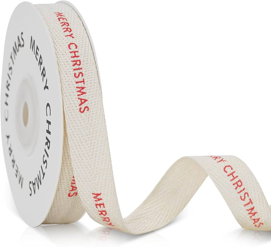 KINGLAKE Merry Christmas Ribbon - 5/8" Cotton Christmas Ribbon Natural Twill Tape Cotton with Red... | Amazon (US)