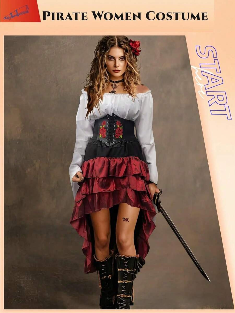 Medieval Long Distance Sea Captain Pirate Queen Corset Lotus Leaf Long Skirt Navigator Cosplay Co... | SHEIN