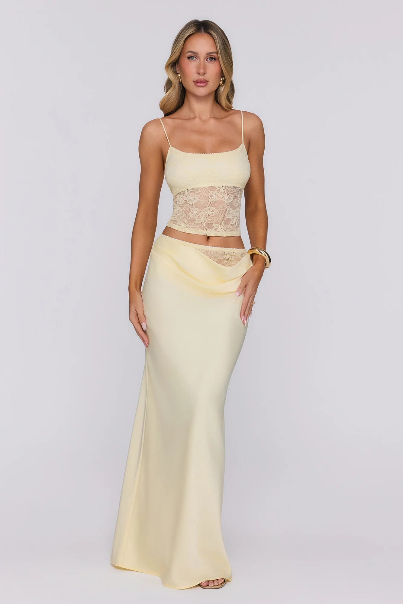 Candy Lemon Satin Lace Maxi Skirt Yellow | Hello Molly (US)