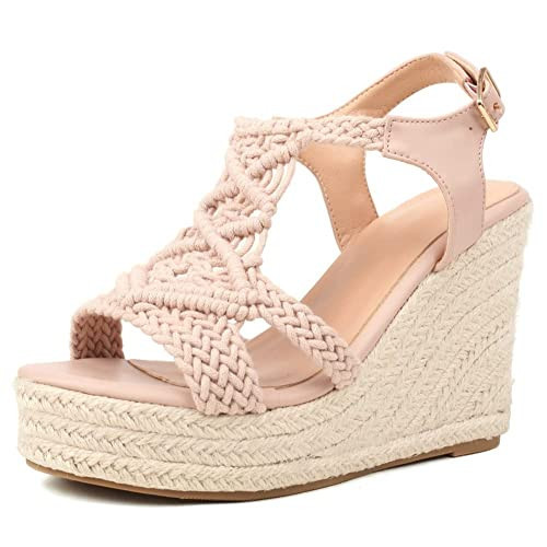 RUSAUISE Open-toe Woven Wedge Sandals for Women Cutout Buckle Strap Platform Sandals Open-back Braided Espadrille Wedge Comfortable Shoes Nude Size 10.5 | Amazon (US)